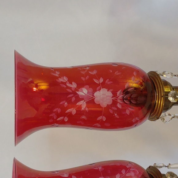 Antique Russian Brass Spring Loaded Candle Holders w/Etched Cranberry Globes - Picture 3 of 13